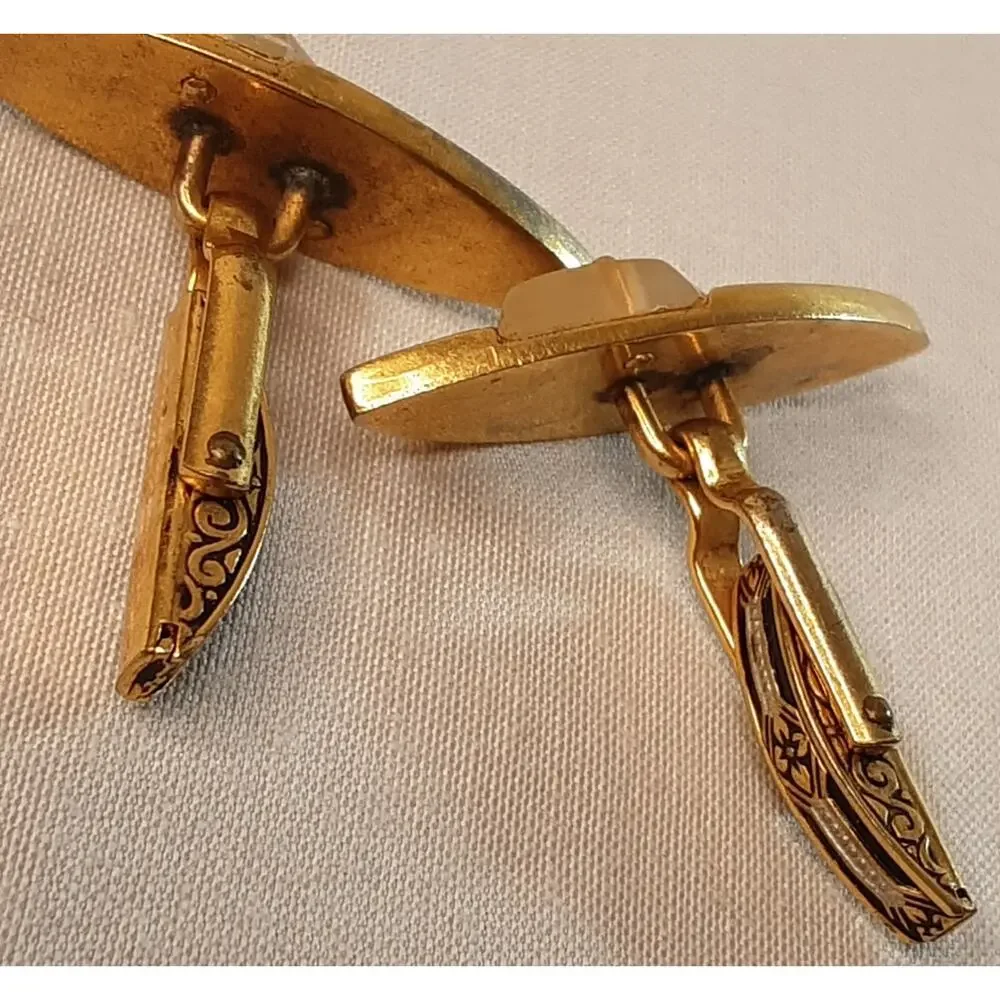 💎Ornate Cuff Links Damascene Design Smokey White Lucite Accent Decorated Posts